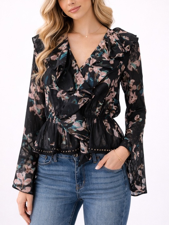 Alberto Makali Tops - Alberto Makali Black Sheer Long Bell Sleeves Floral V Neck Blouse size Medium